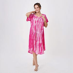 Tamsy Pink Tie Dye Umbrella Dress with Sleeves - One Size Fits Most
