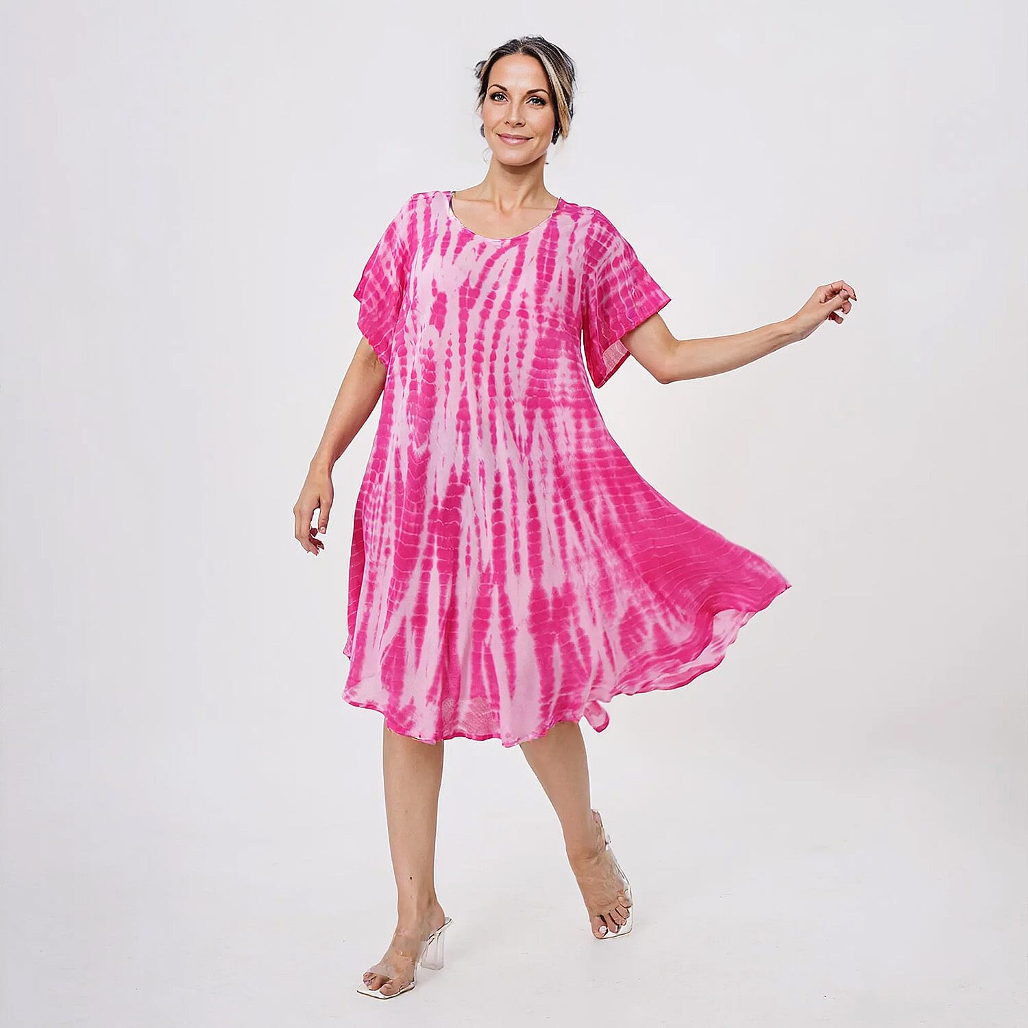 Tamsy Pink Tie Dye Umbrella Dress with Sleeves - One Size Fits Most