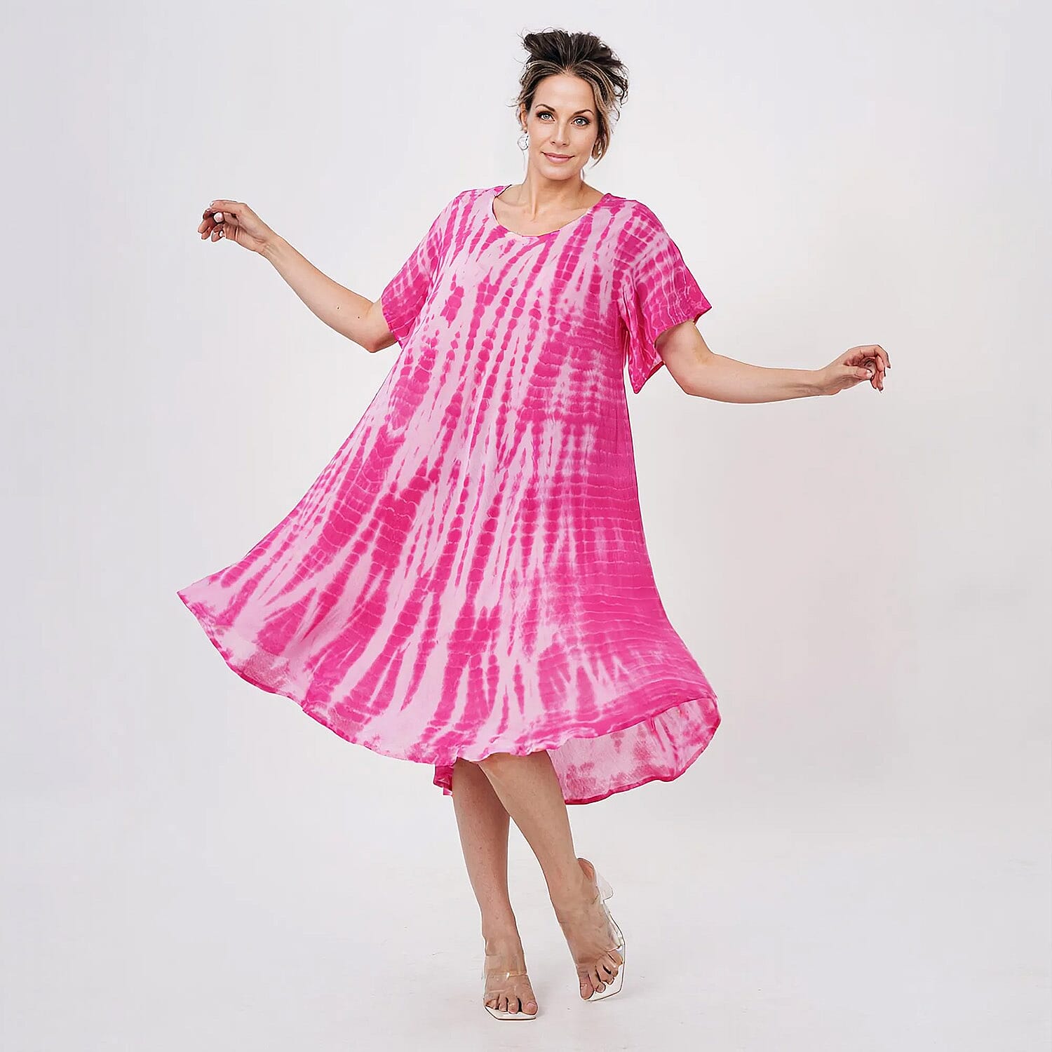 Tamsy Pink Tie Dye Umbrella Dress with Sleeves - One Size Fits Most
