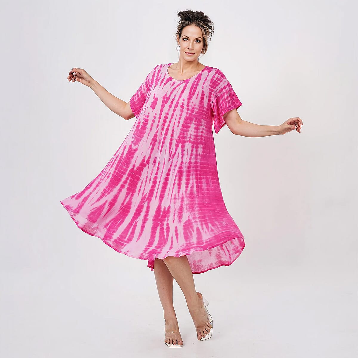 Tamsy Pink Tie Dye Umbrella Dress with Sleeves - One Size Fits Most image number 4