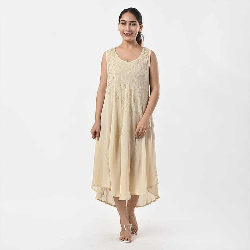 TAMSY Off-White Sleeveless Solid Embroidered Umbrella Dress - One Size Fits Most