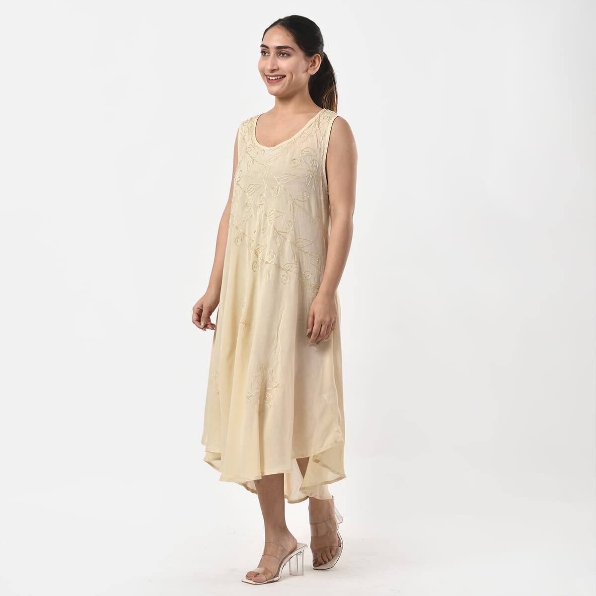 TAMSY Off-White Sleeveless Solid Embroidered Umbrella Dress - One Size Fits Most image number 1