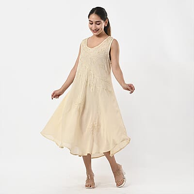 TAMSY Off-White Sleeveless Solid Embroidered Umbrella Dress - One Size Fits Most