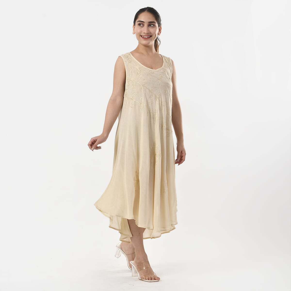 TAMSY Off-White Sleeveless Solid Embroidered Umbrella Dress - One Size Fits Most image number 3