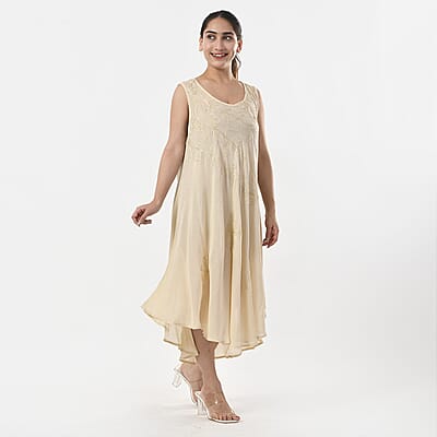 TAMSY Off-White Sleeveless Solid Embroidered Umbrella Dress - One Size Fits Most