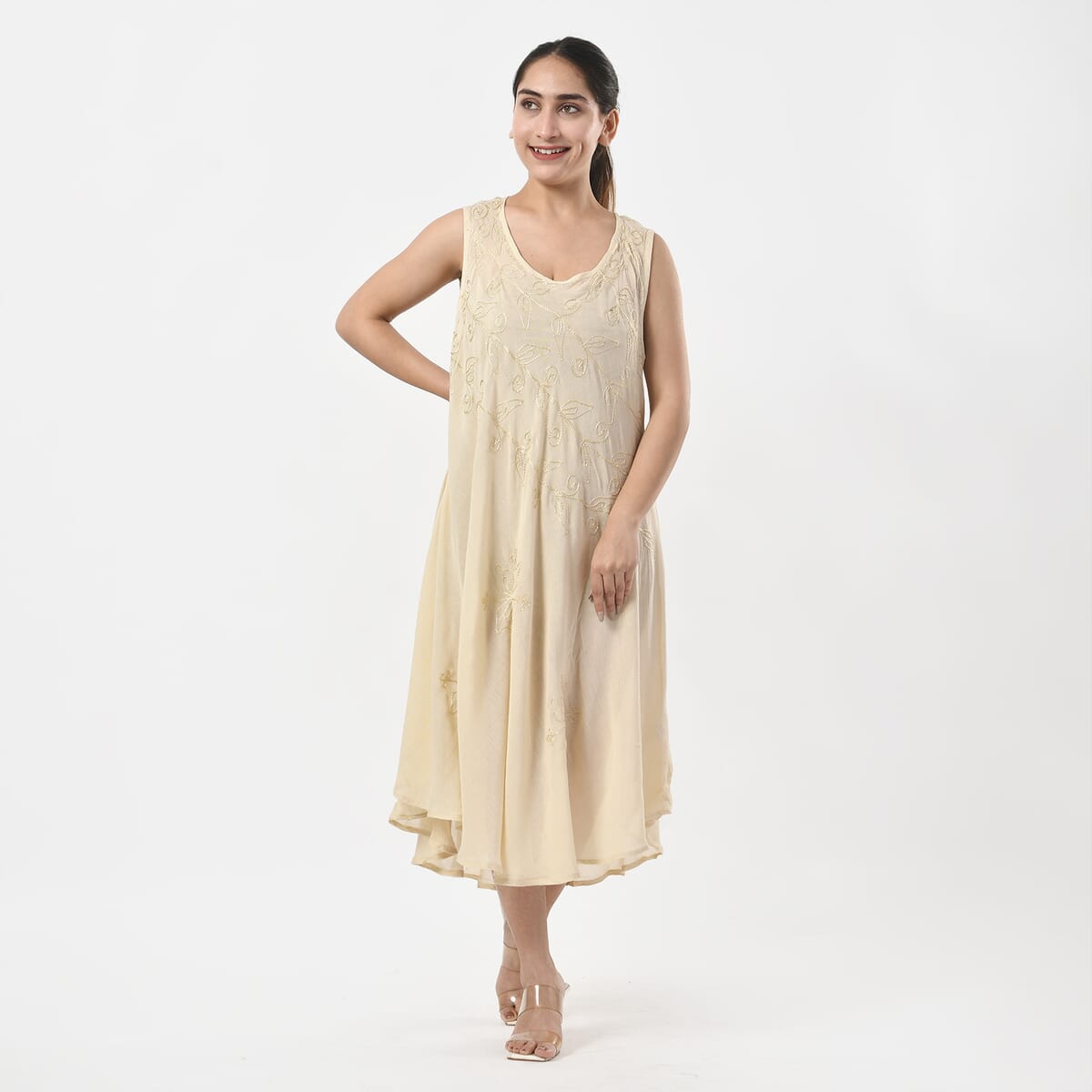 TAMSY Off-White Sleeveless Solid Embroidered Umbrella Dress - One Size Fits Most image number 4