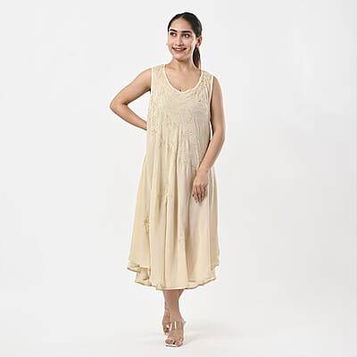 TAMSY Off-White Sleeveless Solid Embroidered Umbrella Dress - One Size Fits Most