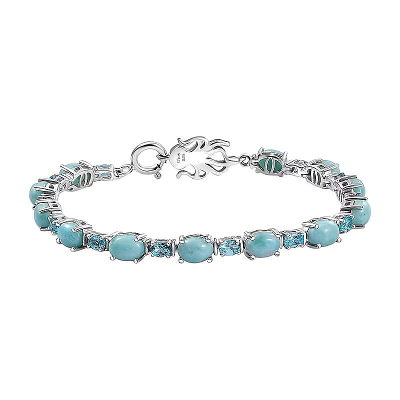 D'Joy Larimar and Betroka Blue Apatite 14.30 ctw Octopus Bracelet in Rhodium Over Sterling Silver (7.25 In)
