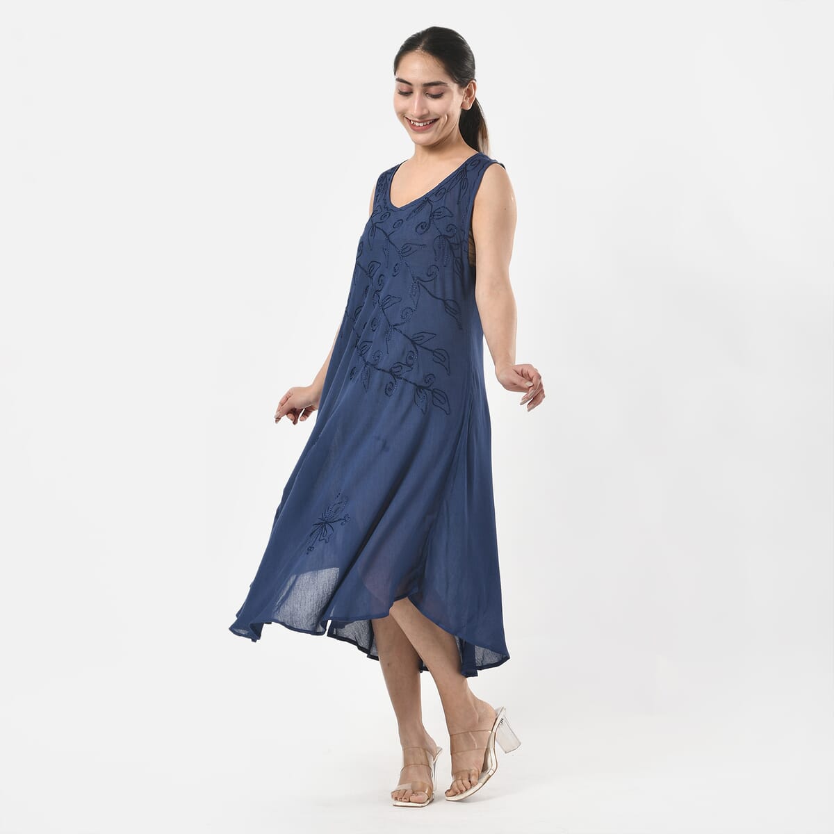 TAMSY Navy Sleeveless Solid Embroidered Umbrella Dress - One Size Fits Most image number 2