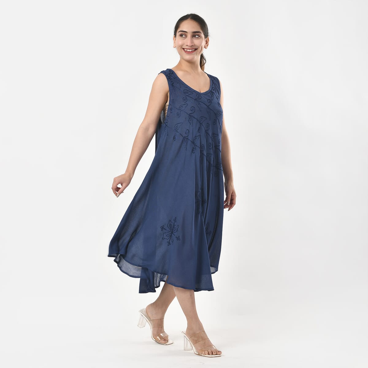 TAMSY Navy Sleeveless Solid Embroidered Umbrella Dress - One Size Fits Most image number 3