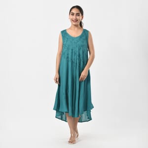 TAMSY Teal Sleeveless Solid Embroidered Umbrella Dress - One Size Fits Most