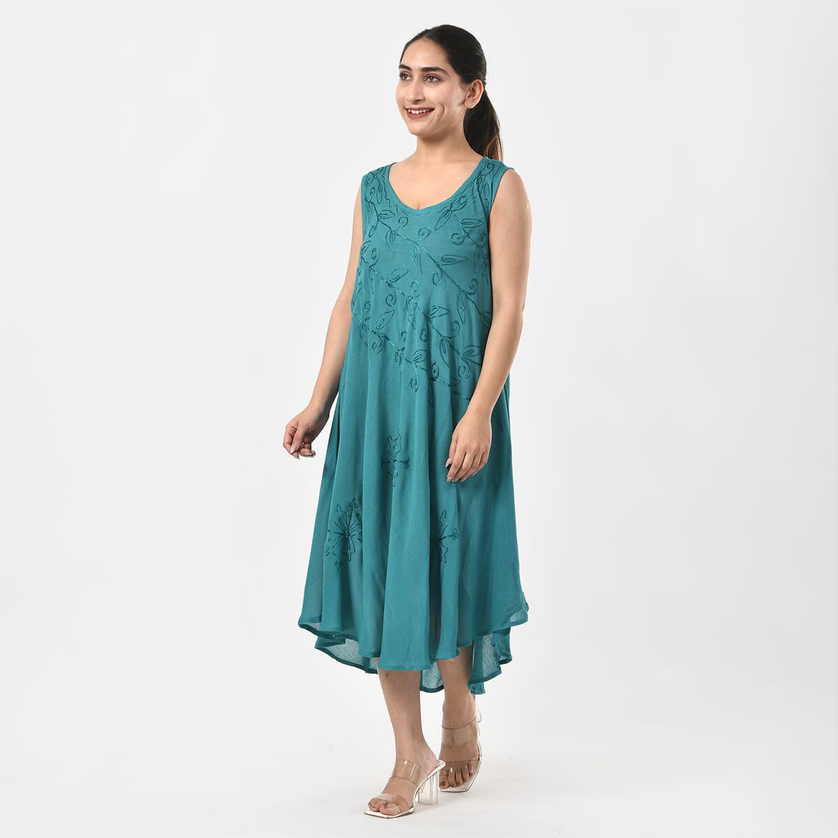 TAMSY Teal Sleeveless Solid Embroidered Umbrella Dress - One Size Fits Most image number 1