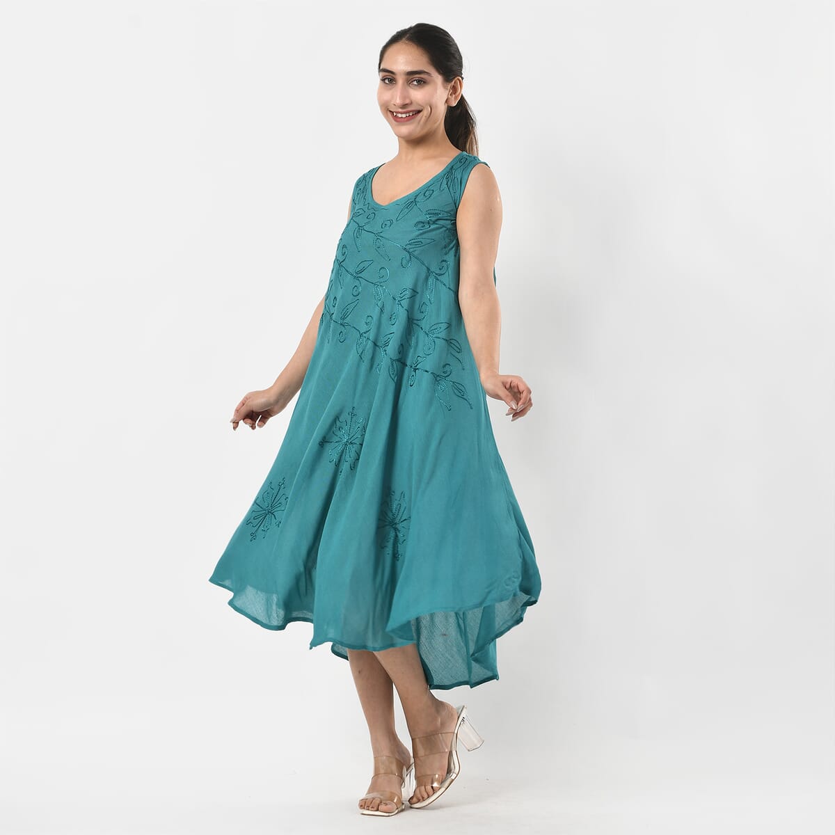 TAMSY Teal Sleeveless Solid Embroidered Umbrella Dress - One Size Fits Most image number 2