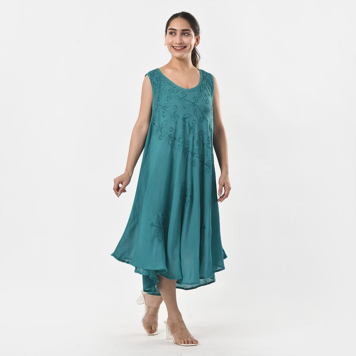 TAMSY Teal Sleeveless Solid Embroidered Umbrella Dress - One Size Fits Most image number 3