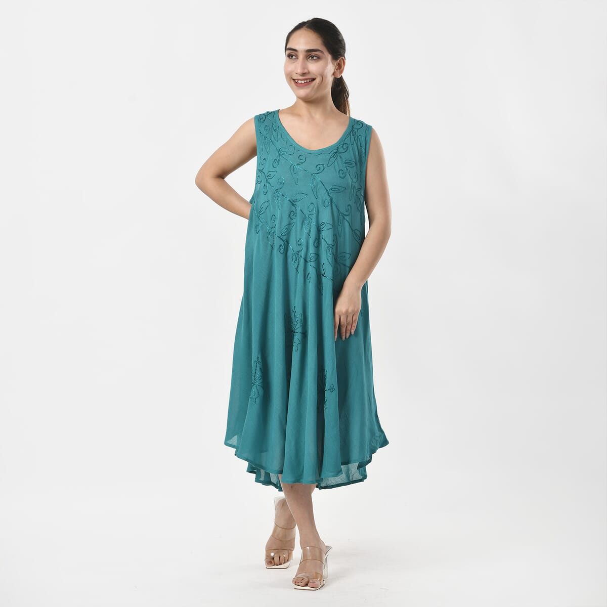 TAMSY Teal Sleeveless Solid Embroidered Umbrella Dress - One Size Fits Most image number 4