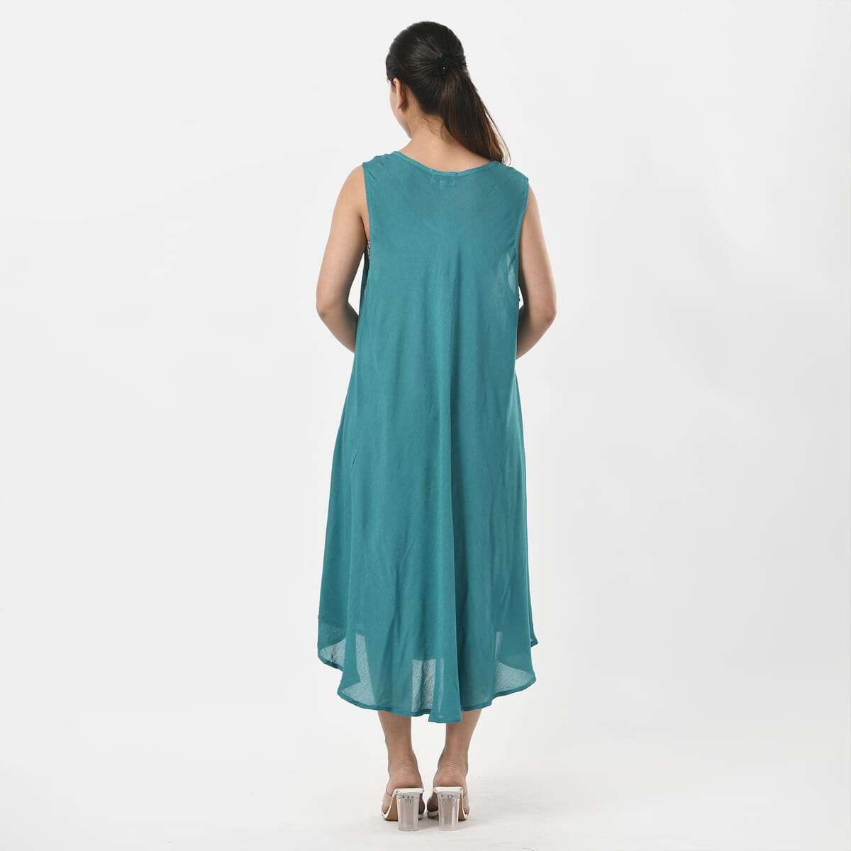 TAMSY Teal Sleeveless Solid Embroidered Umbrella Dress - One Size Fits Most image number 5
