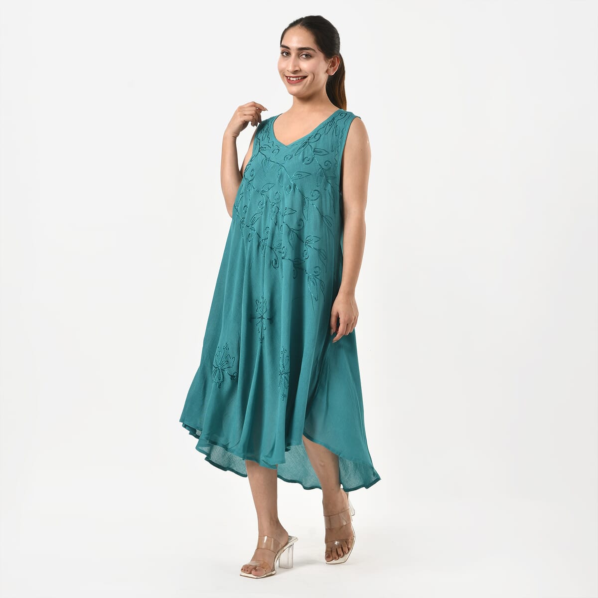 TAMSY Teal Sleeveless Solid Embroidered Umbrella Dress - One Size Fits Most image number 6
