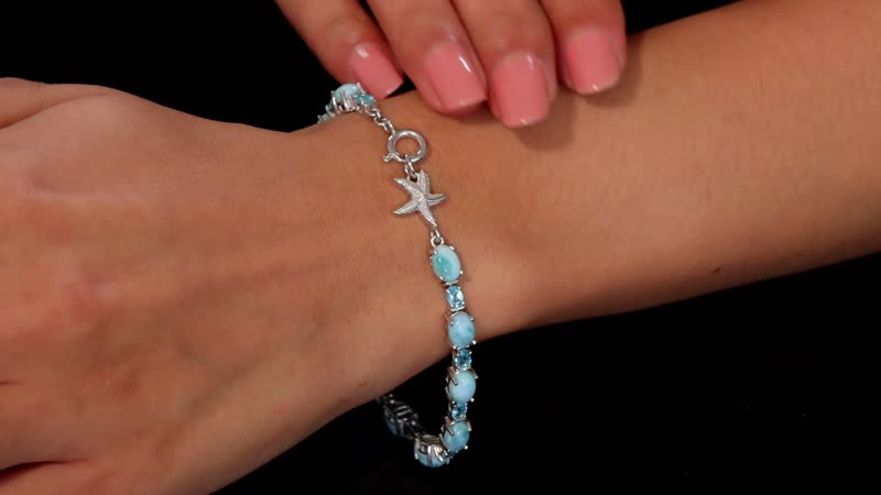 D'Joy Larimar and Betroka Blue Apatite 14.30 ctw Starfish Bracelet in Rhodium Over Sterling Silver (7.25 In)