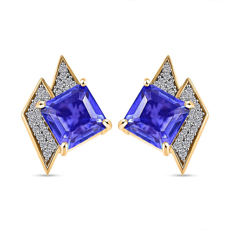 GP Amore Collection Asscher Cut Blue Quartz and Multi Gemstone 4.65 ctw Earrings in 18K Vermeil Yellow Gold Over Sterling Silver