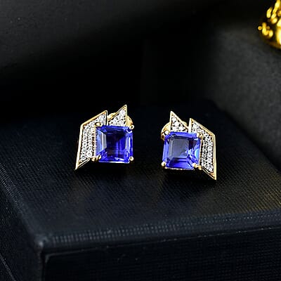 GP Amore Collection Asscher Cut Blue Quartz and Multi Gemstone 4.65 ctw Earrings in 18K Vermeil Yellow Gold Over Sterling Silver