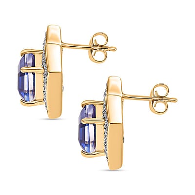 GP Amore Collection Asscher Cut Blue Quartz and Multi Gemstone 4.65 ctw Earrings in 18K Vermeil Yellow Gold Over Sterling Silver