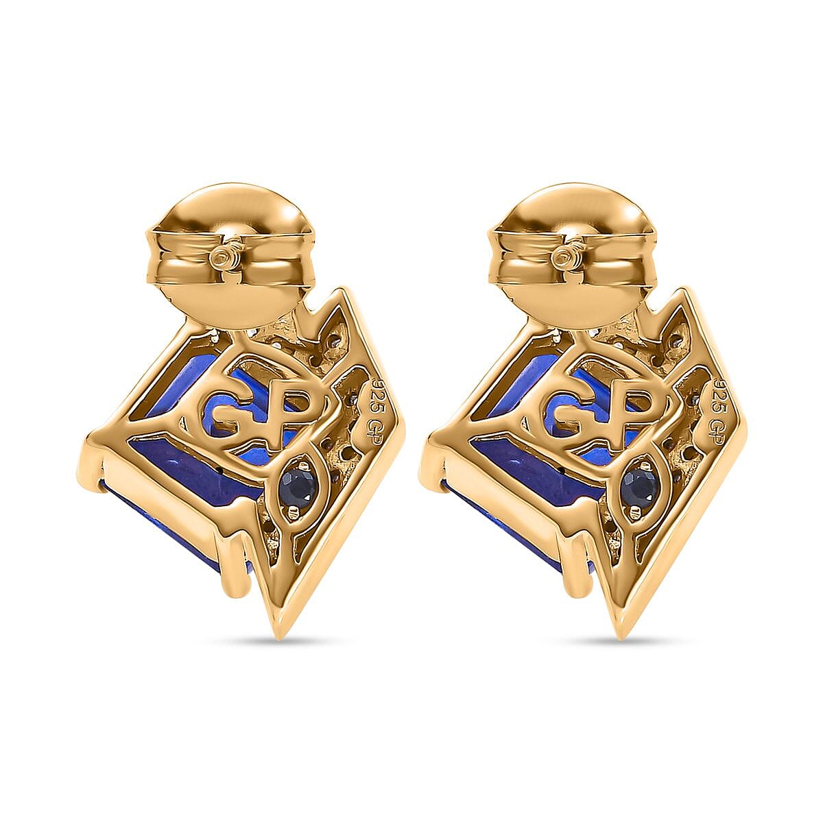 GP Amore Collection Asscher Cut Blue Quartz and Multi Gemstone 4.65 ctw Earrings in 18K Vermeil Yellow Gold Over Sterling Silver