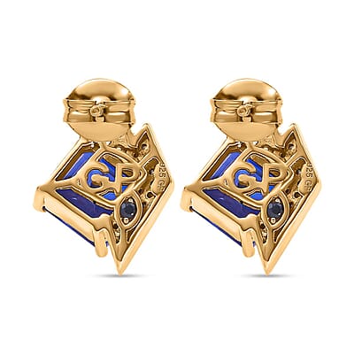 GP Amore Collection Asscher Cut Blue Quartz and Multi Gemstone 4.65 ctw Earrings in 18K Vermeil Yellow Gold Over Sterling Silver