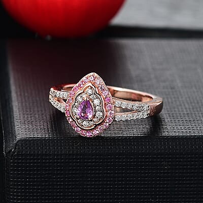 D'Joy Madagascar Purple Sapphire and Multi Gemstone 0.60 ctw Radiant Bloom Ring in 18K Vermeil Rose Gold Over Sterling Silver (Size 10.0)