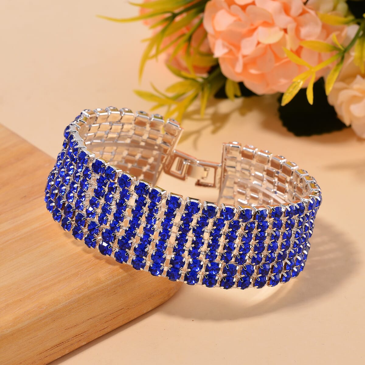 Sapphire Blue Austrian Crystal Bracelet in Silvertone (7.50 In) image number 1