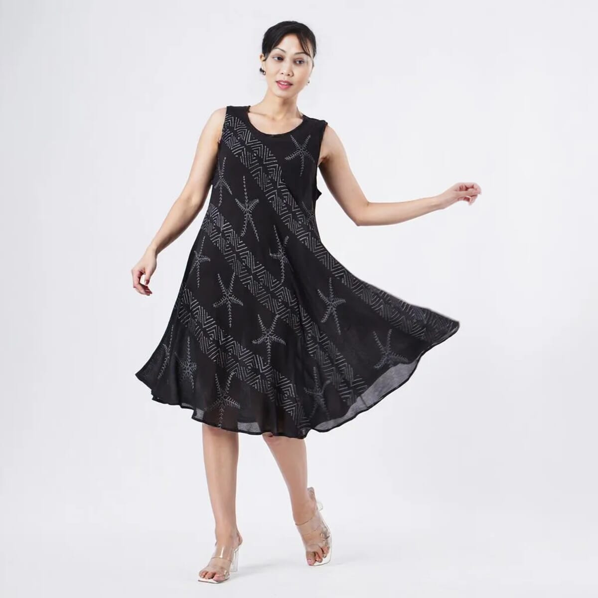 TAMSY Black Starfish Block Printed Sleeveless Umbrella Dress - One Size Fits Most image number 1