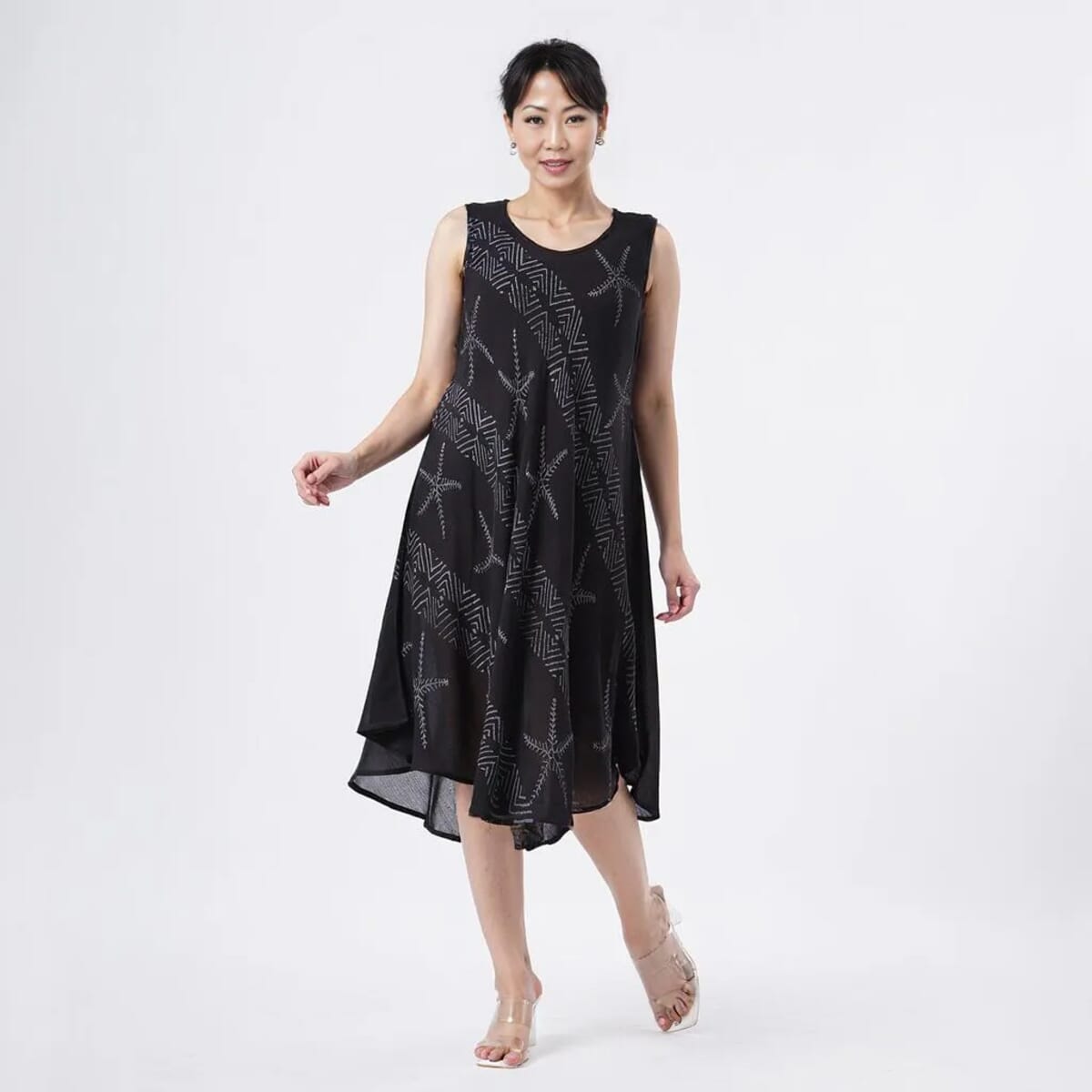 TAMSY Black Starfish Block Printed Sleeveless Umbrella Dress - One Size Fits Most image number 2