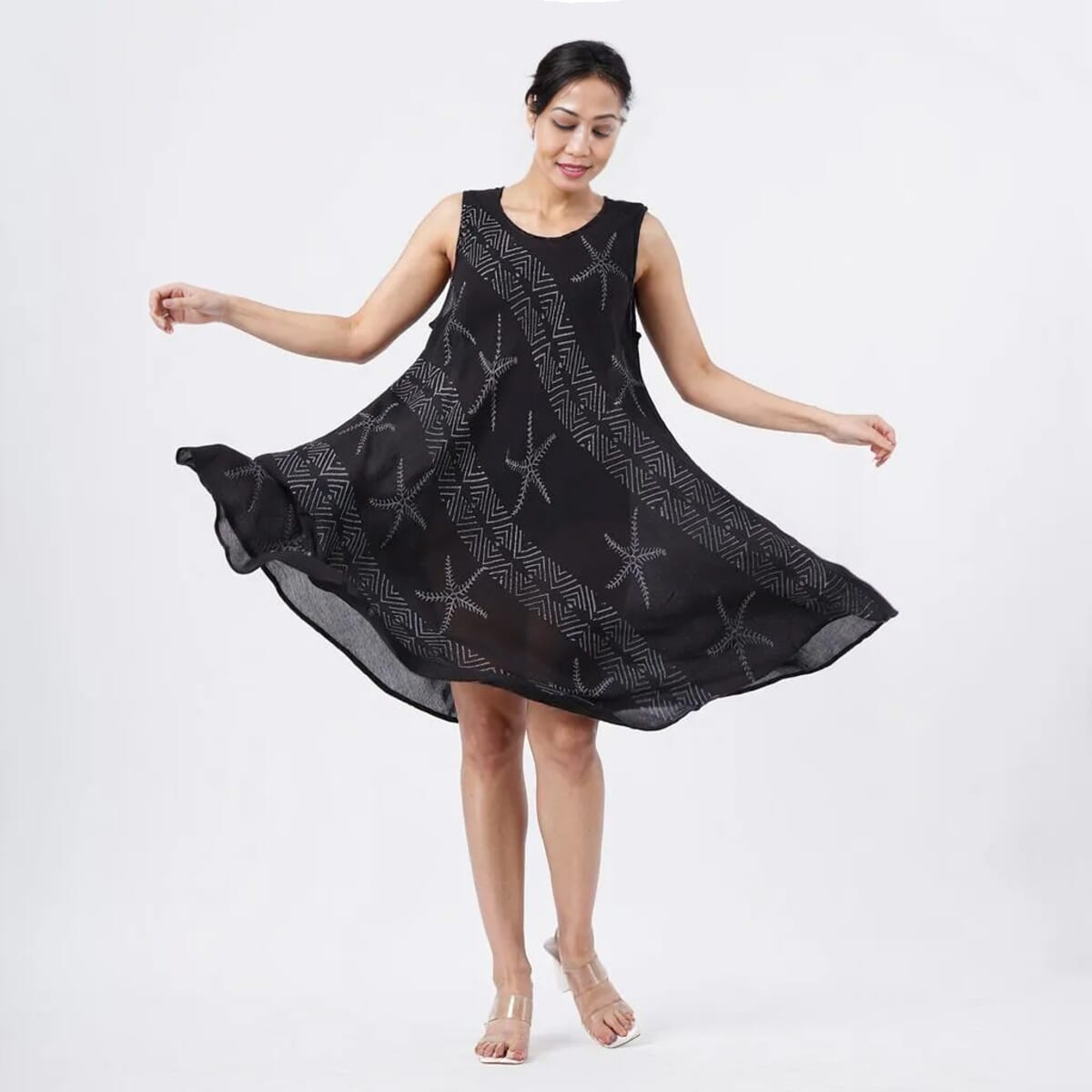 TAMSY Black Starfish Block Printed Sleeveless Umbrella Dress - One Size Fits Most image number 3