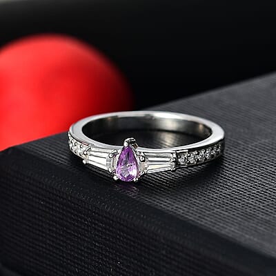 D'Joy Madagascar Purple Sapphire and Moissanite 0.50 ctw Whisper Ring in Rhodium Over Sterling Silver (Size 10.0)
