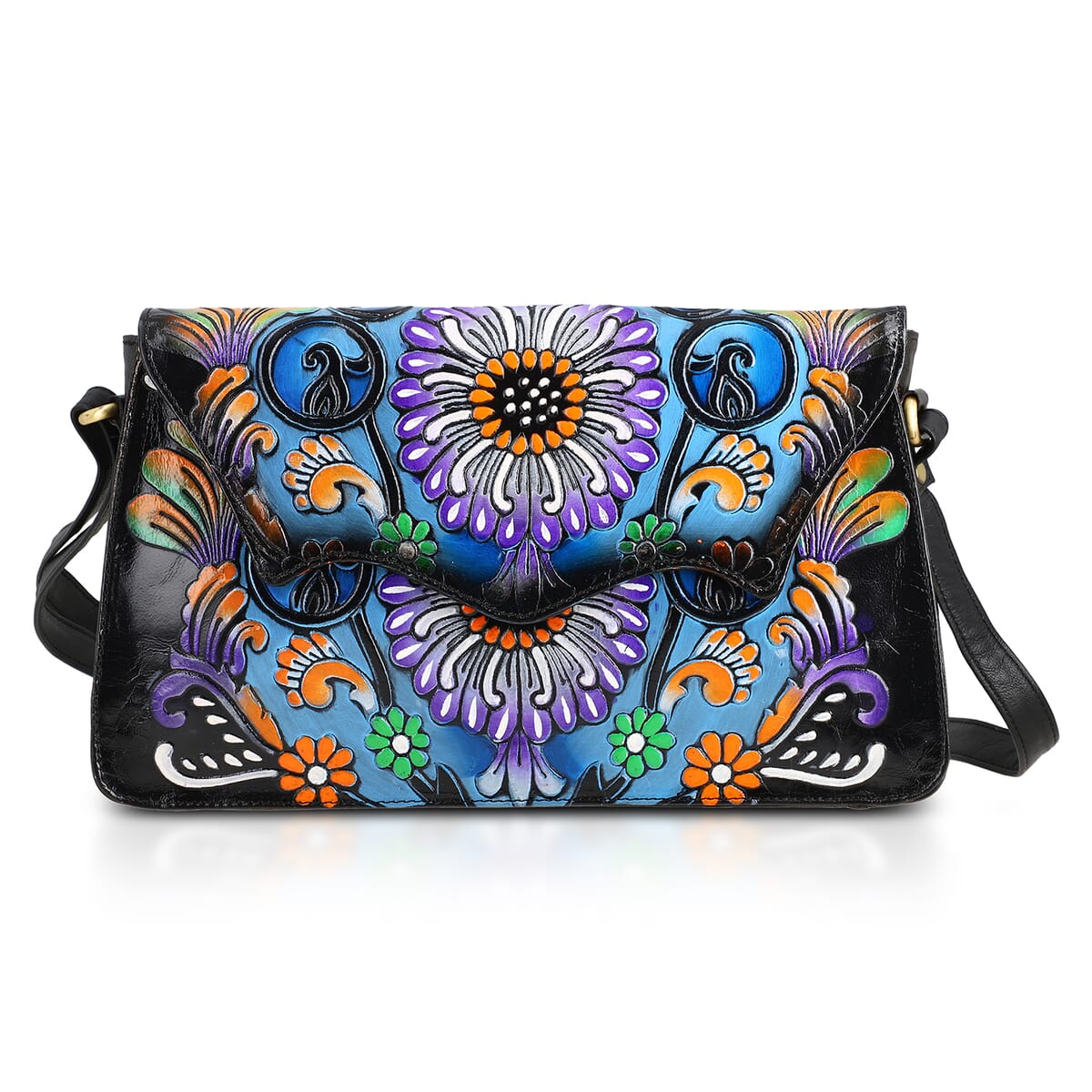 Sukriti Black Genuine Leather Hand Painted Tooled Crossbody Bag  image number 0