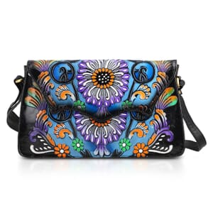 Sukriti Black Genuine Leather Hand Painted Tooled Crossbody Bag 
