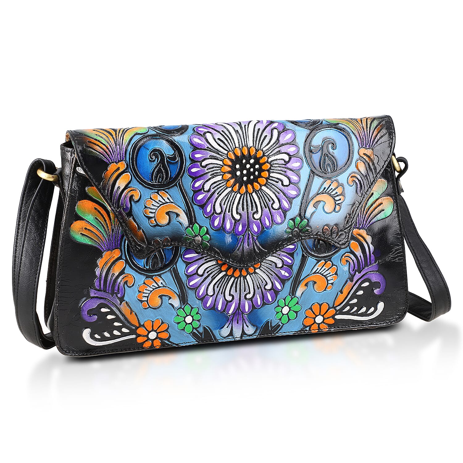 La Marey Black Genuine Leather Hand Painted Tooled Crossbody Bag
