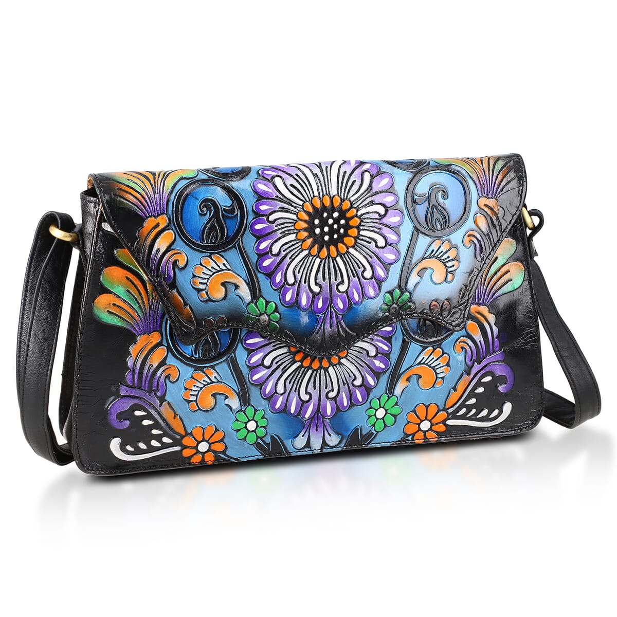 Sukriti Black Genuine Leather Hand Painted Tooled Crossbody Bag  image number 4