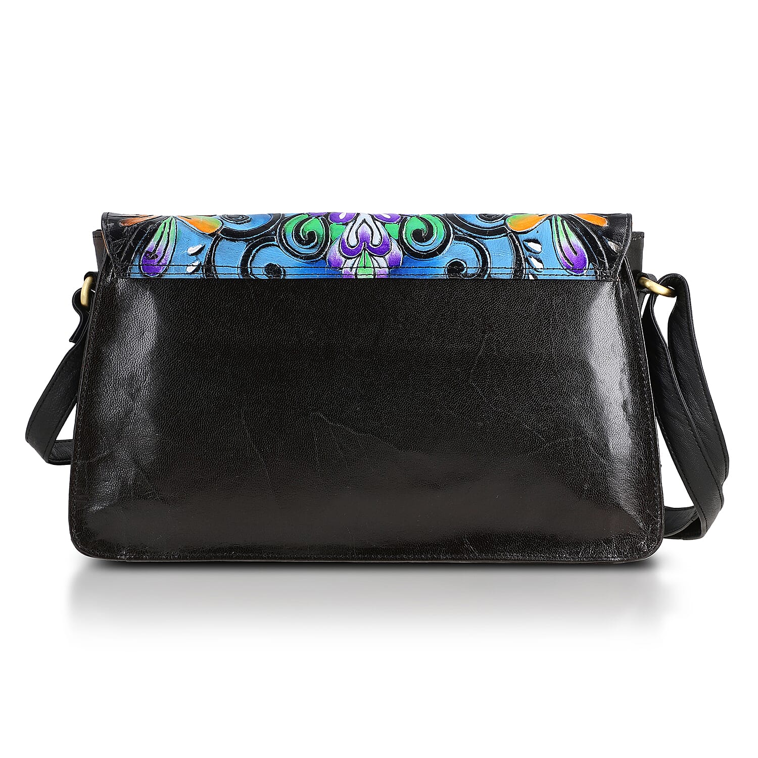 La Marey Black Genuine Leather Hand Painted Tooled Crossbody Bag