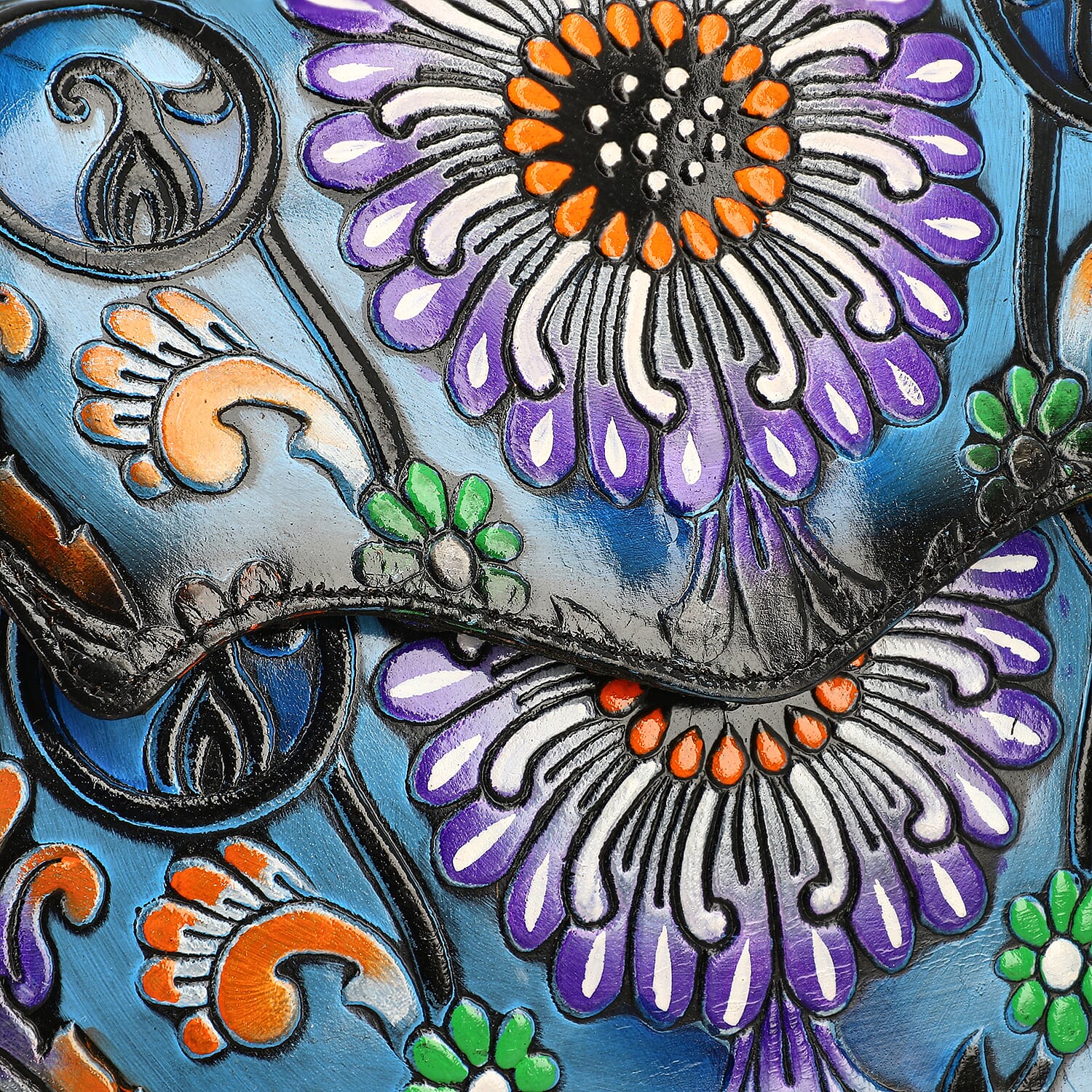 La Marey Black Genuine Leather Hand Painted Tooled Crossbody Bag