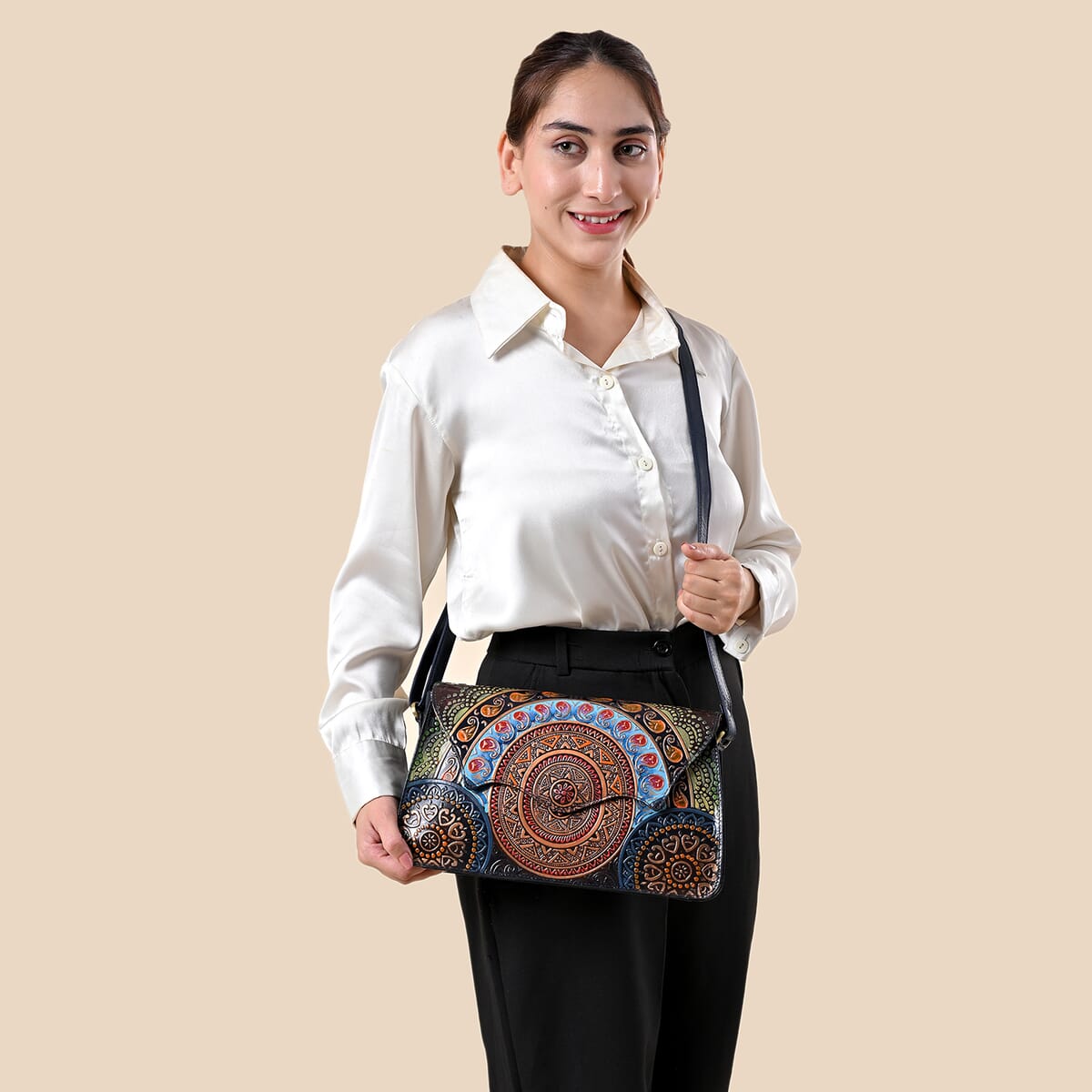 Sukriti Navy Genuine Leather Hand Painted Tooled Crossbody Bag  image number 2