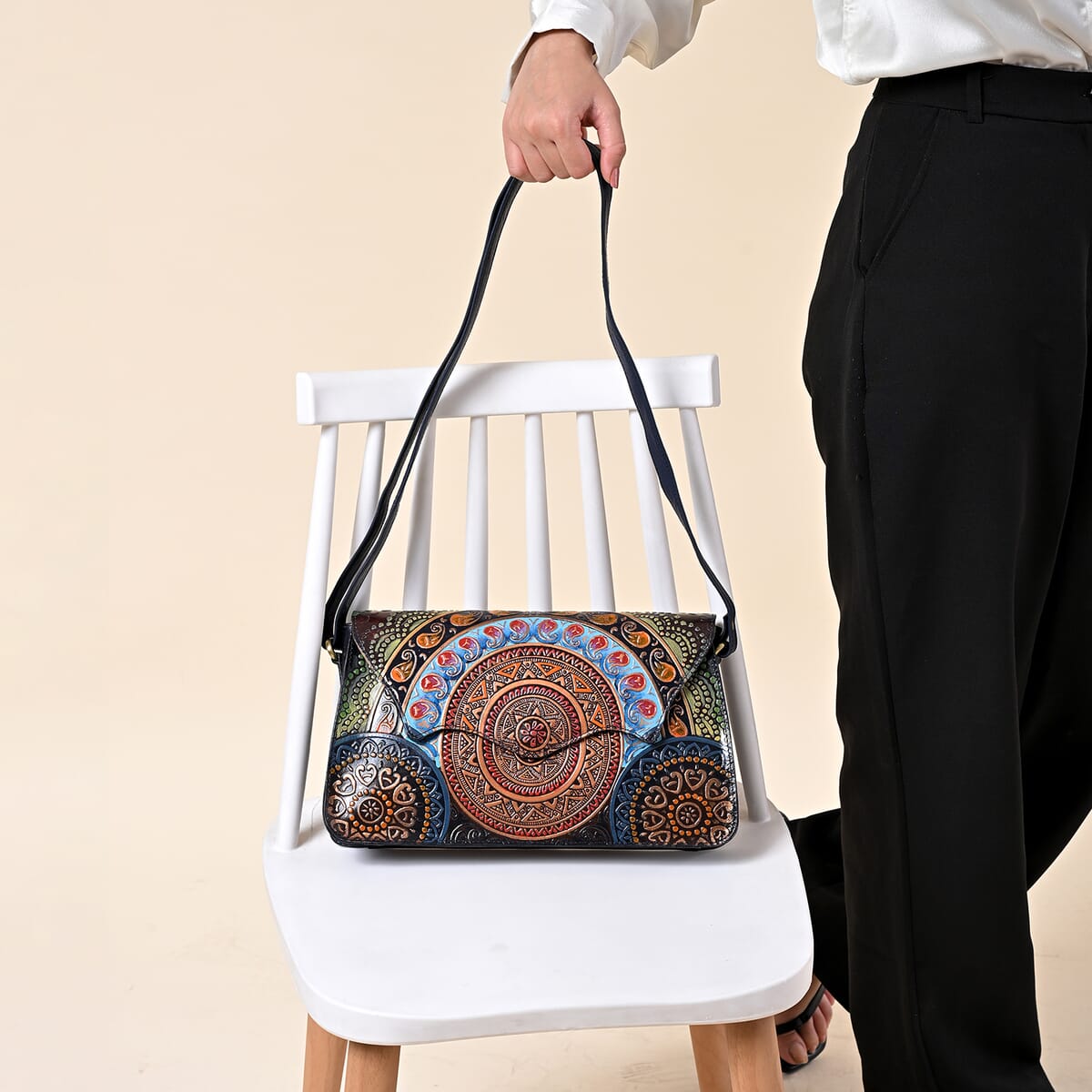 Sukriti Navy Genuine Leather Hand Painted Tooled Crossbody Bag  image number 3