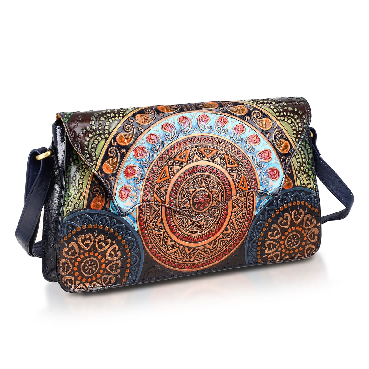 Sukriti Navy Genuine Leather Hand Painted Tooled Crossbody Bag  image number 4