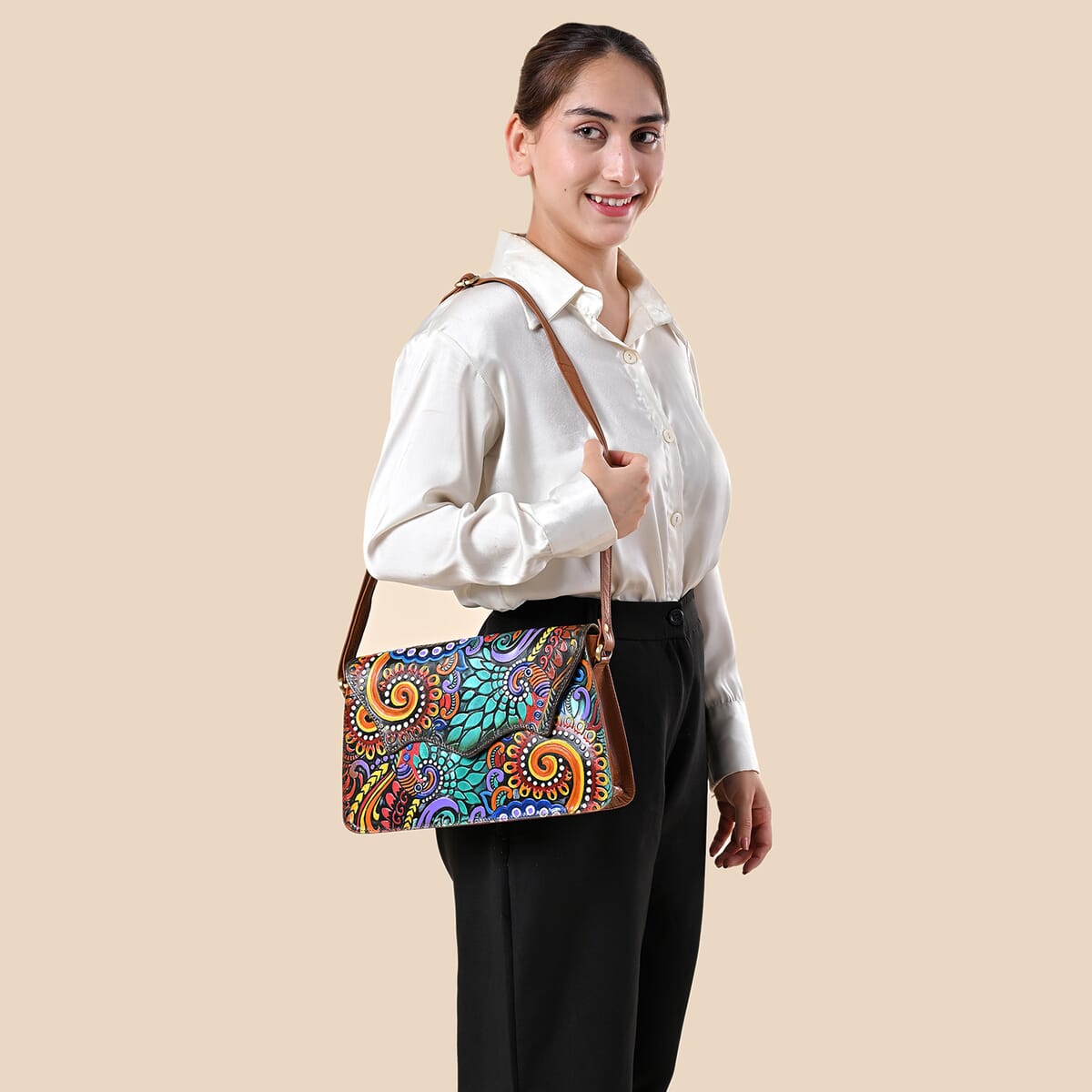 Sukriti Tan Genuine Leather Hand Painted Tooled Crossbody Bag  image number 1