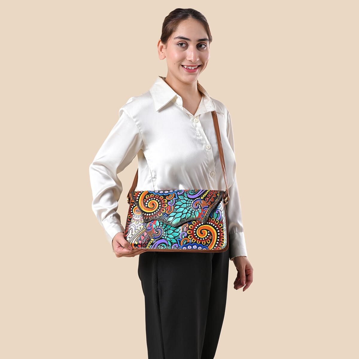 Sukriti Tan Genuine Leather Hand Painted Tooled Crossbody Bag  image number 2