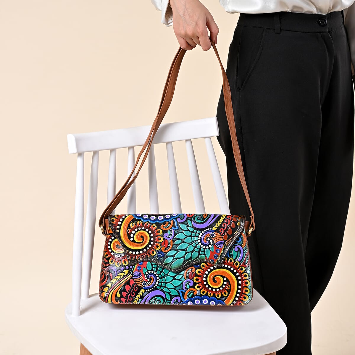 Sukriti Tan Genuine Leather Hand Painted Tooled Crossbody Bag  image number 3