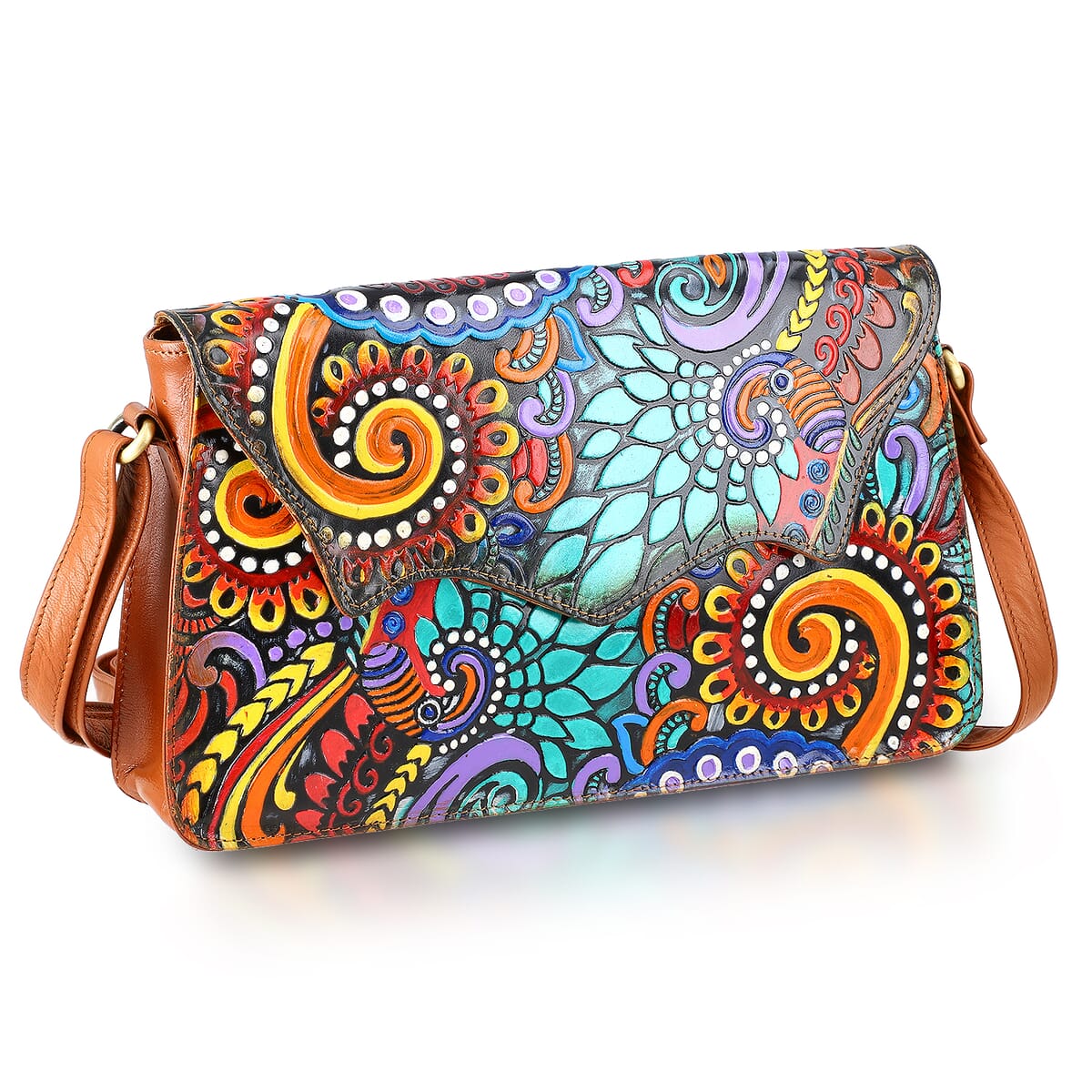Sukriti Tan Genuine Leather Hand Painted Tooled Crossbody Bag  image number 4