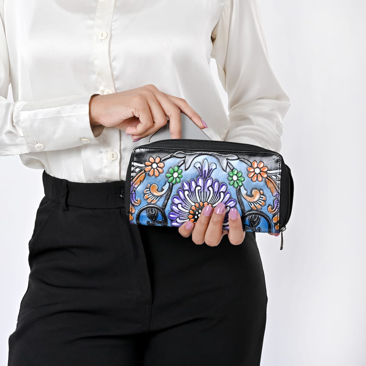 Sukriti Black RFID Protected Tooled Leather Women's Wallet  image number 1