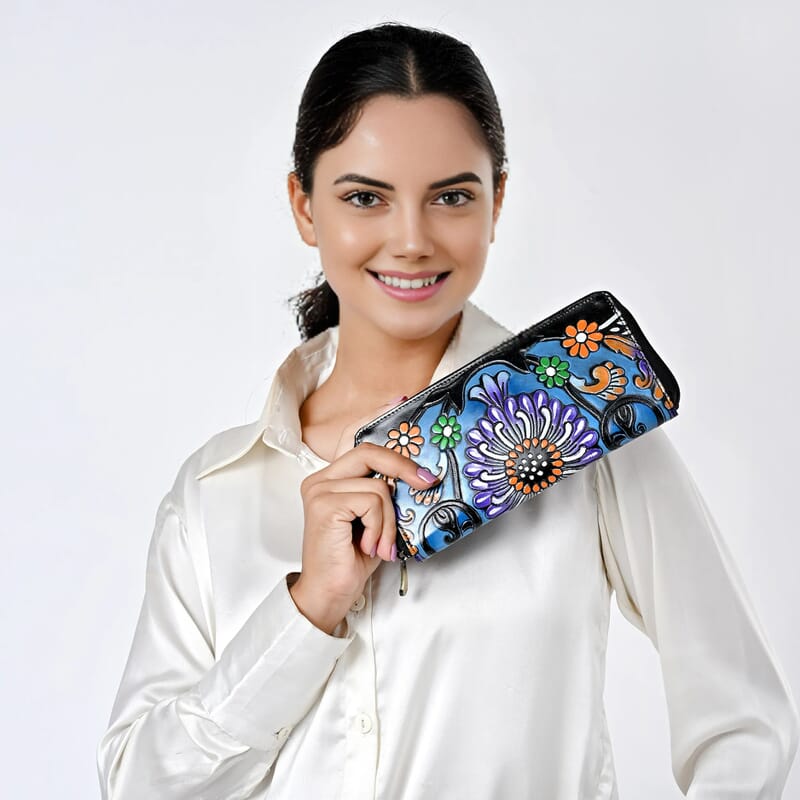 La Marey Black RFID Protected Tooled Leather Women's Wallet