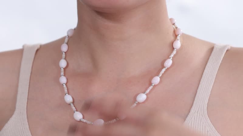 Pink Opal 80.00 ctw Beaded Necklace in Rhodium Over Sterling Silver 18-20 Inches
