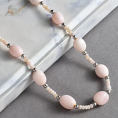Pink Opal 80.00 ctw Beaded Necklace in Rhodium Over Sterling Silver 18-20 Inches